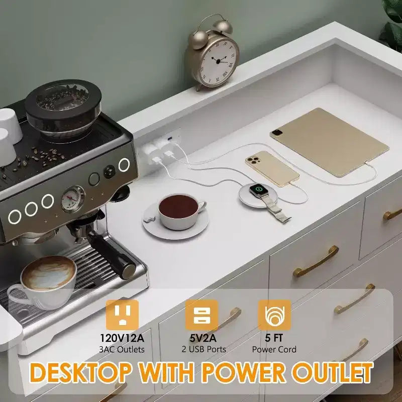 Meuble TV commode, commode de chambre avec lumière LED et station de recharge Centre de divertissement avec rangement 8 tiroirs Commodes en bois avec espace ouvert