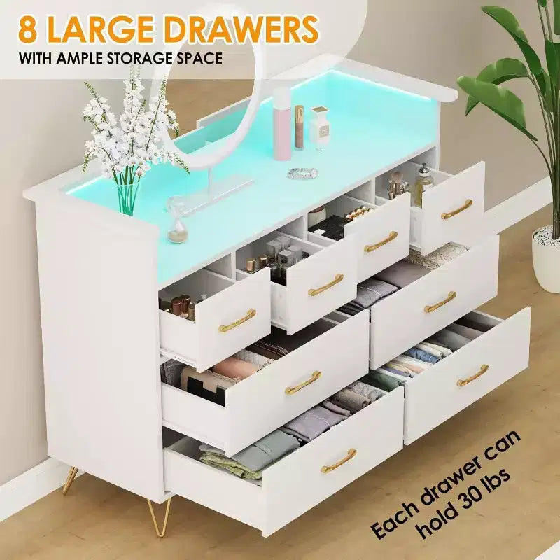 Meuble TV commode, commode de chambre avec lumière LED et station de recharge Centre de divertissement avec rangement 8 tiroirs Commodes en bois avec espace ouvert