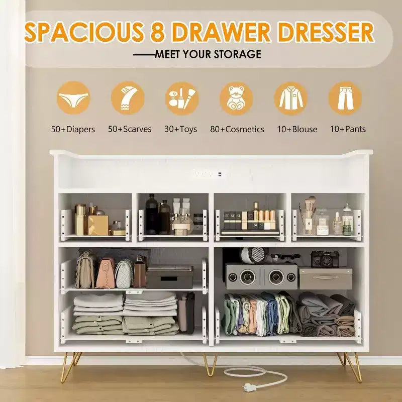 Meuble TV commode, commode de chambre avec lumière LED et station de recharge Centre de divertissement avec rangement 8 tiroirs Commodes en bois avec espace ouvert