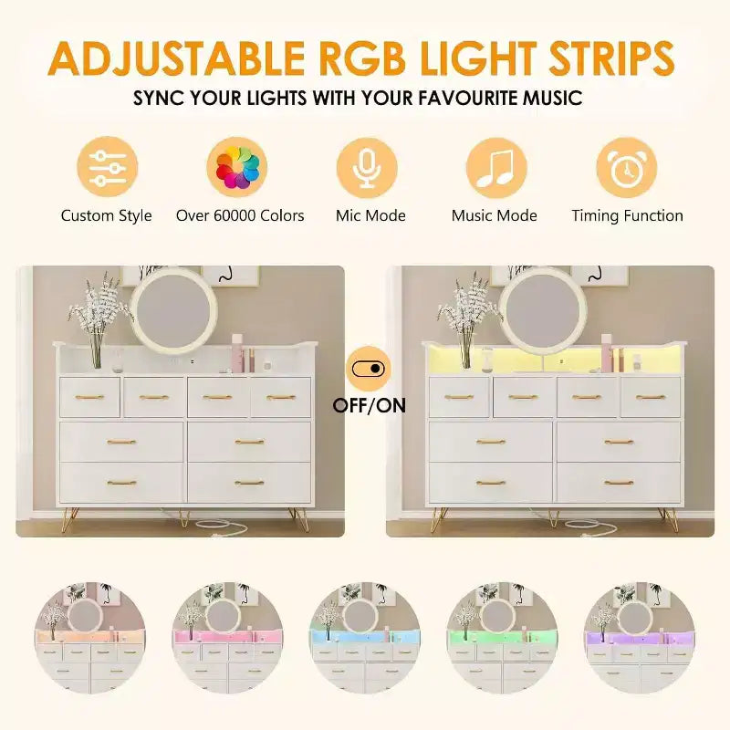 Meuble TV commode, commode de chambre avec lumière LED et station de recharge Centre de divertissement avec rangement 8 tiroirs Commodes en bois avec espace ouvert