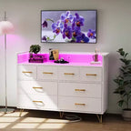 Meuble TV commode, commode de chambre avec lumière LED et station de recharge Centre de divertissement avec rangement 8 tiroirs Commodes en bois avec espace ouvert