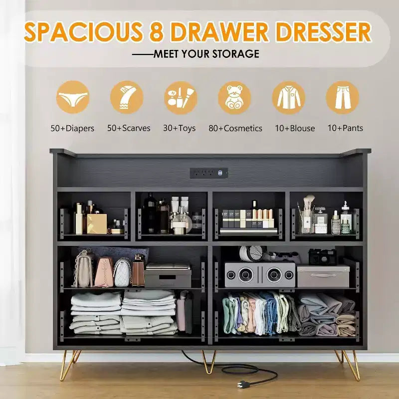 Meuble TV commode, commode de chambre avec lumière LED et station de recharge Centre de divertissement avec rangement 8 tiroirs Commodes en bois avec espace ouvert