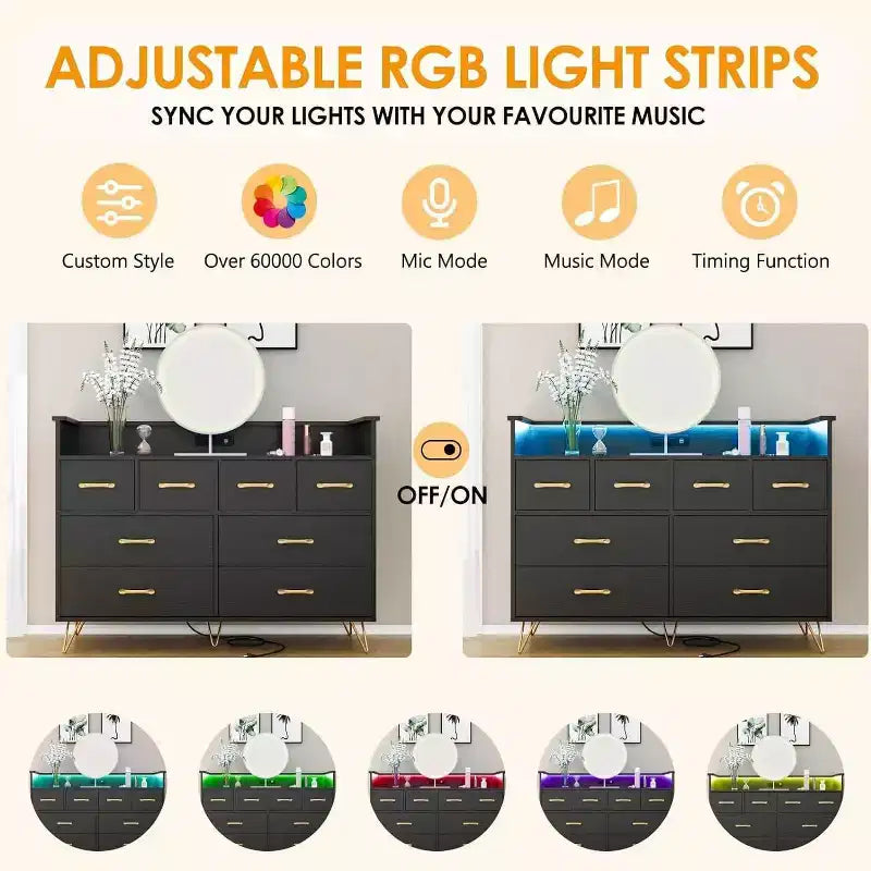 Meuble TV commode, commode de chambre avec lumière LED et station de recharge Centre de divertissement avec rangement 8 tiroirs Commodes en bois avec espace ouvert