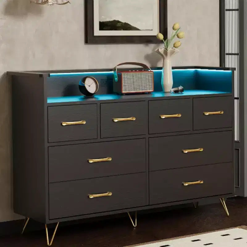 Meuble TV commode, commode de chambre avec lumière LED et station de recharge Centre de divertissement avec rangement 8 tiroirs Commodes en bois avec espace ouvert