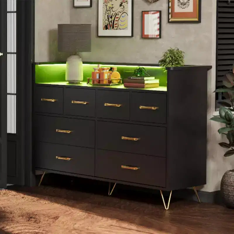 Meuble TV commode, commode de chambre avec lumière LED et station de recharge Centre de divertissement avec rangement 8 tiroirs Commodes en bois avec espace ouvert