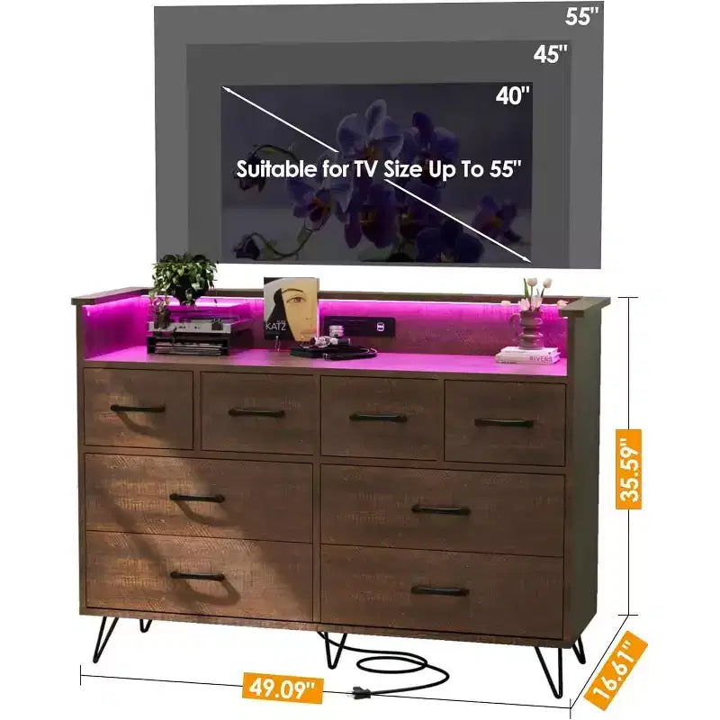 Meuble TV commode, commode de chambre avec lumière LED et station de recharge Centre de divertissement avec rangement 8 tiroirs Commodes en bois avec espace ouvert