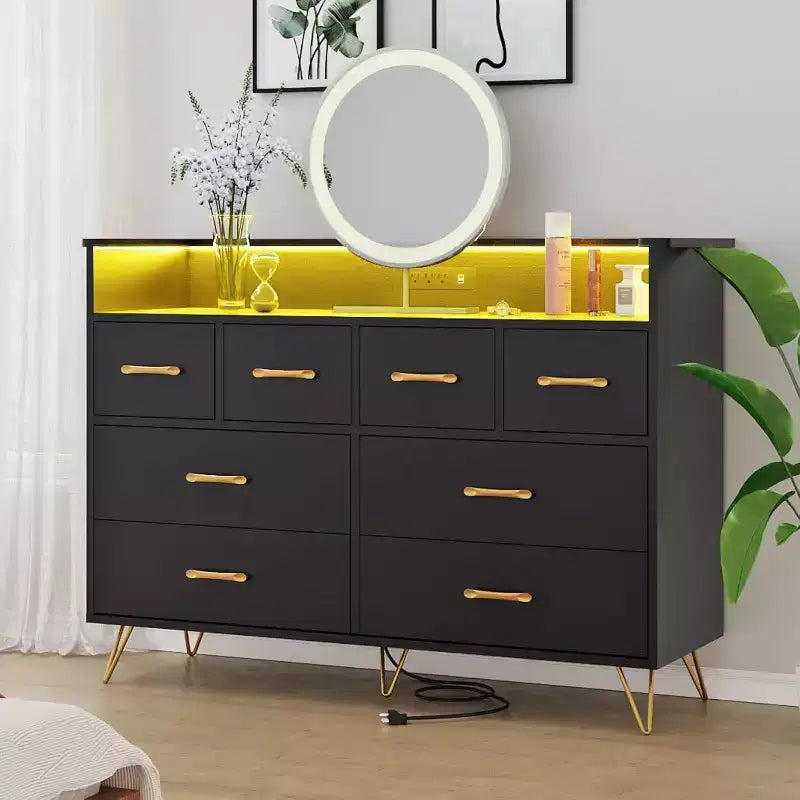 Dresser TV Stand, Dresser for Bedroom w/LED Light & Charging Station Entertainment Center with Storage 8 Drawers Wooden Dressers w/Open Space