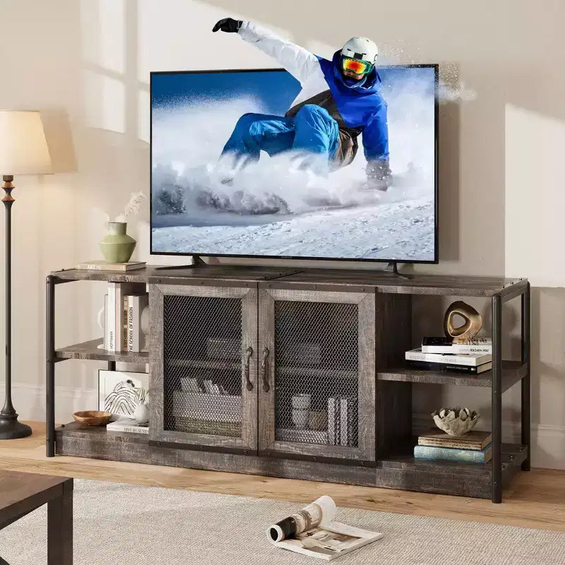 Farmhouse TV Stand for 65/75 Inch TVs, Entertainment Center with Storage Cabinet and Mesh Doors, Industrial Media Console Table, Oak