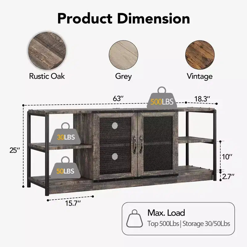 Meuble TV de style ferme pour téléviseurs de 65/75 pouces, centre de divertissement avec armoire de rangement et portes en filet, meuble console média industriel, chêne