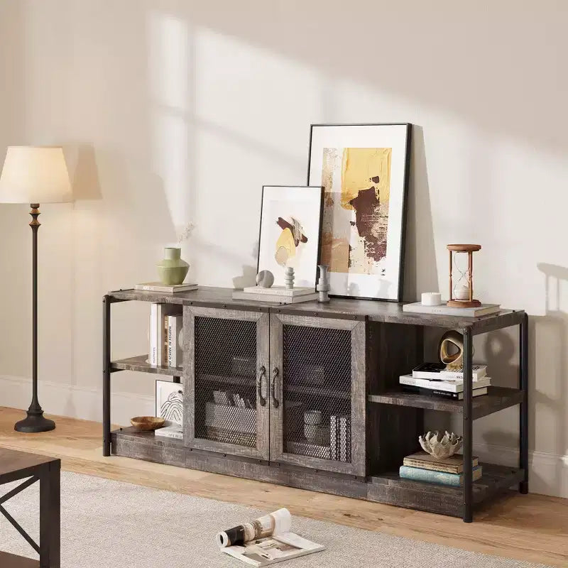 Meuble TV de style ferme pour téléviseurs de 65/75 pouces, centre de divertissement avec armoire de rangement et portes en filet, meuble console média industriel, chêne