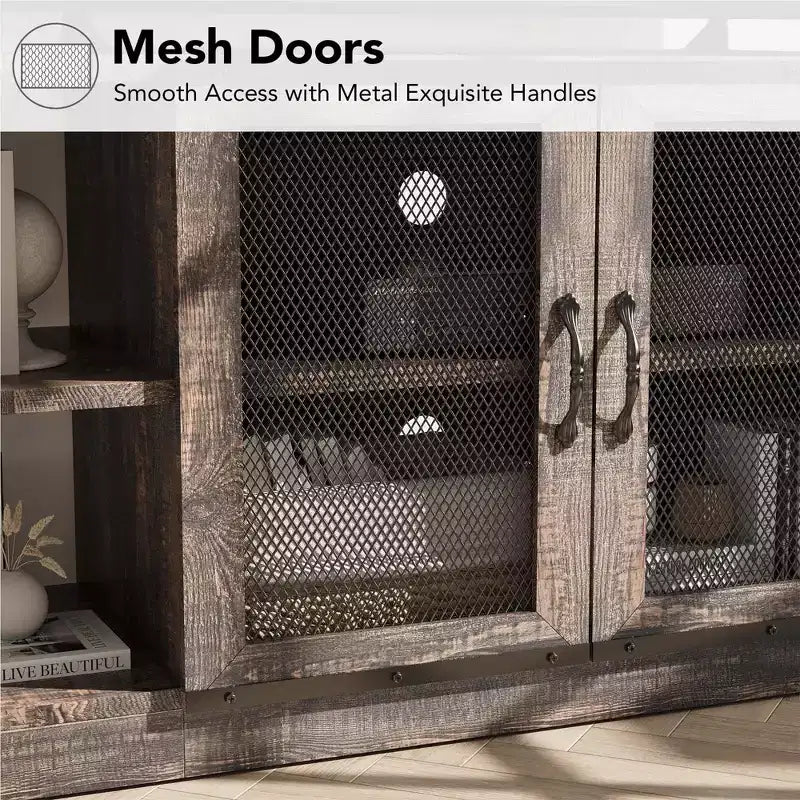 Meuble TV de style ferme pour téléviseurs de 65/75 pouces, centre de divertissement avec armoire de rangement et portes en filet, meuble console média industriel, chêne