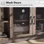 Meuble TV de style ferme pour téléviseurs de 65/75 pouces, centre de divertissement avec armoire de rangement et portes en filet, meuble console média industriel, chêne