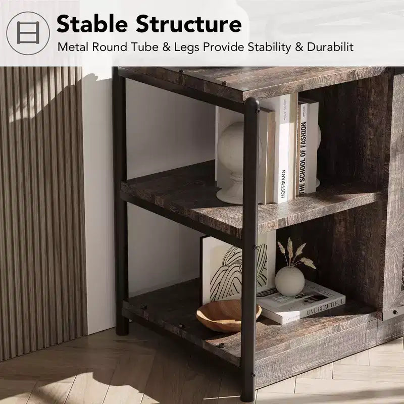 Meuble TV de style ferme pour téléviseurs de 65/75 pouces, centre de divertissement avec armoire de rangement et portes en filet, meuble console média industriel, chêne