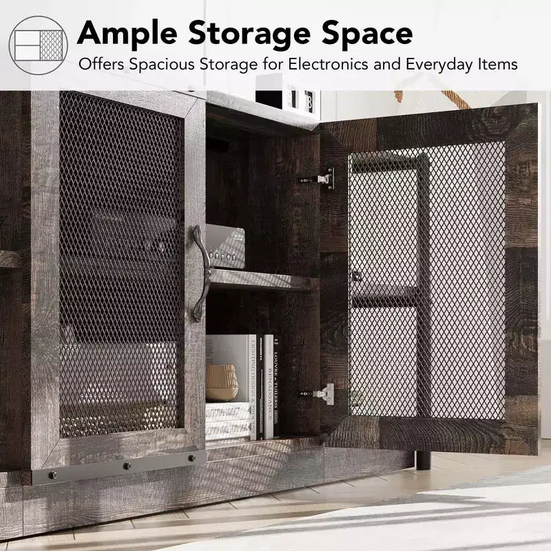 Meuble TV de style ferme pour téléviseurs de 65/75 pouces, centre de divertissement avec armoire de rangement et portes en filet, meuble console média industriel, chêne