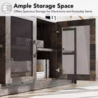 Meuble TV de style ferme pour téléviseurs de 65/75 pouces, centre de divertissement avec armoire de rangement et portes en filet, meuble console média industriel, chêne