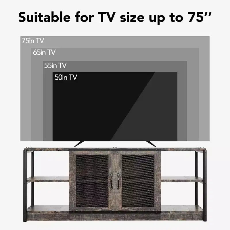 Meuble TV de style ferme pour téléviseurs de 65/75 pouces, centre de divertissement avec armoire de rangement et portes en filet, meuble console média industriel, chêne