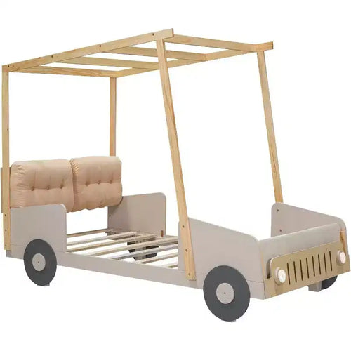 Acekool Car-Shaped Platform Bed Frame for Kids, with Headboard Pillow, Ceiling Cloth Canopy, LED Lights, No Box Spring Needed