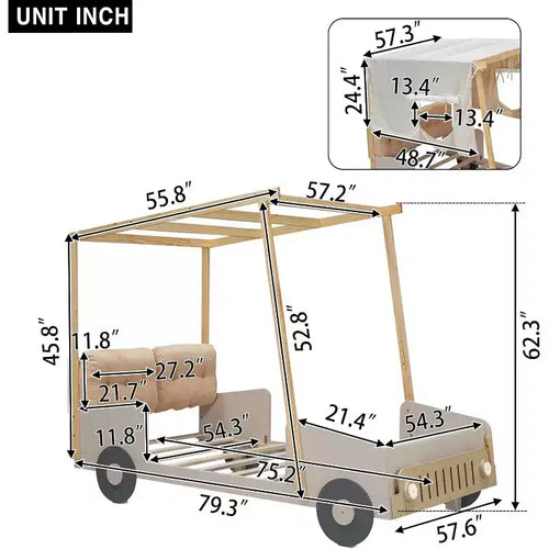 Cadre de lit plateforme en forme de voiture Acekool pour enfants, avec oreiller de tête de lit, baldaquin en tissu, lumières LED, aucun sommier tapissier requis