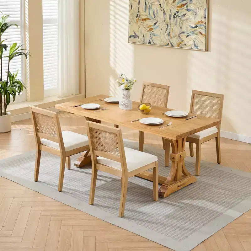 CLIHOME Lot de 2 chaises de salle à manger en rotin de style ferme, chaises d'appoint de cuisine rembourrées en cannage avec cadre en bois dur naturel