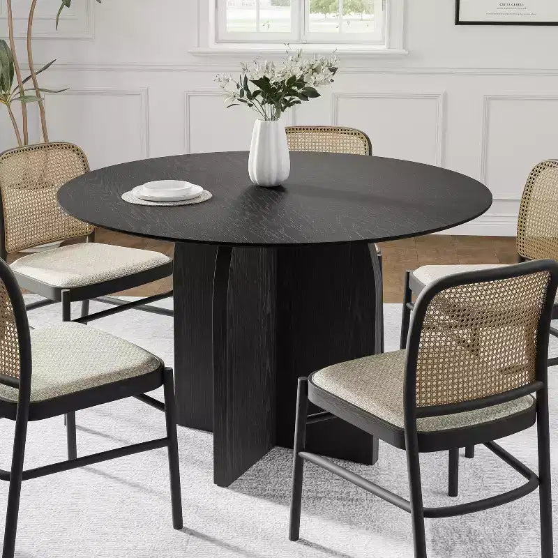 Table à manger ronde en bois massif PexFix 45 x 45 avec finition noire et pieds arqués élégants pour salles à manger et cuisines modernes