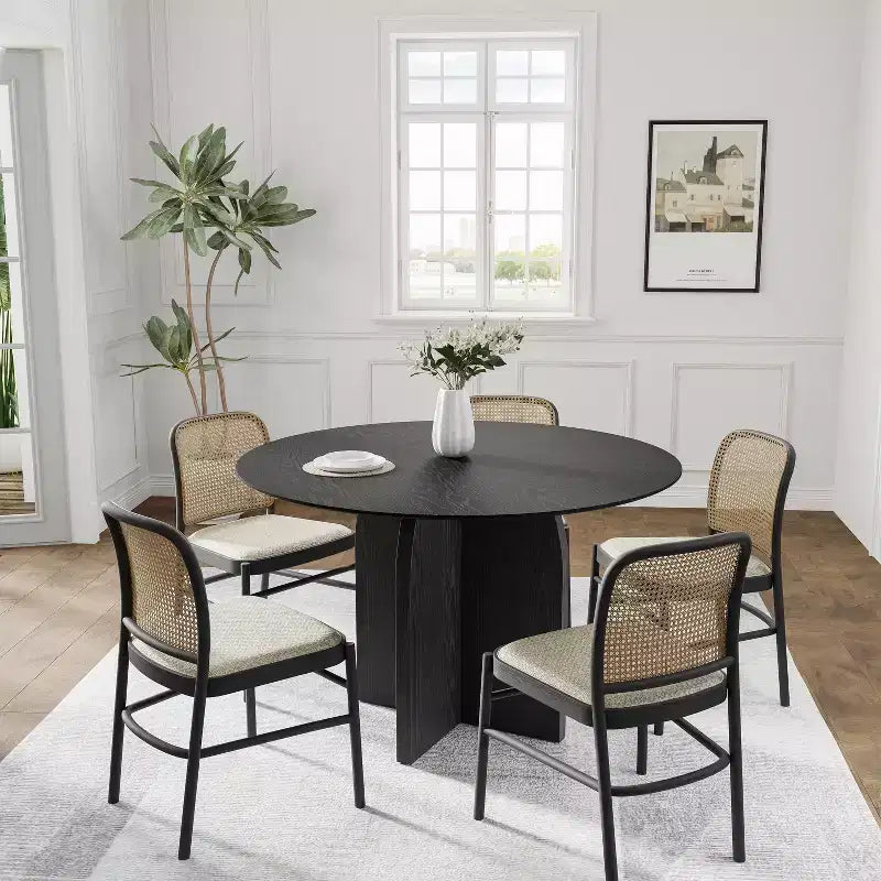 Table à manger ronde en bois massif PexFix 45 x 45 avec finition noire et pieds arqués élégants pour salles à manger et cuisines modernes