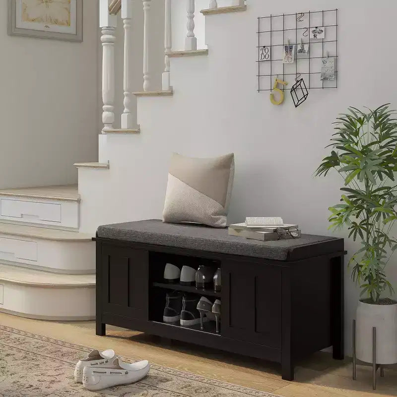 TUYOHW Entryway Shoe Bench Storage Ottoman with Sliding Doors, Adjustable Shelving with 6 Compartments and Padded Seat