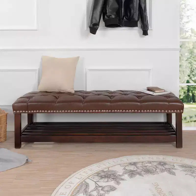 TUYOHW Upholstered Bed Bench Bed Entrance Shoe Bench, 60 with Nailhead Trim Upholstered Leather Bench Living Room Shoe Rack Footstool