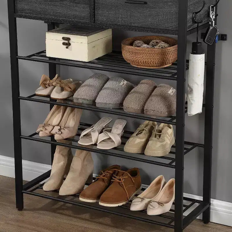 Meuble de rangement à chaussures peu encombrant, étagères à 4 niveaux + 2 tiroirs, meuble de rangement de 80 cm de large pour entrée avec crochets, design moderne
