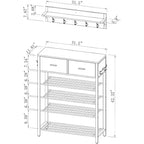 Meuble de rangement à chaussures peu encombrant, étagères à 4 niveaux + 2 tiroirs, meuble de rangement de 80 cm de large pour entrée avec crochets, design moderne