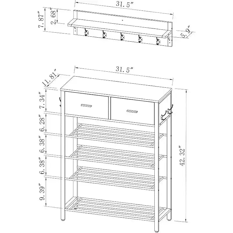 Meuble de rangement à chaussures peu encombrant, étagères à 4 niveaux + 2 tiroirs, meuble de rangement de 80 cm de large pour entrée avec crochets, design moderne
