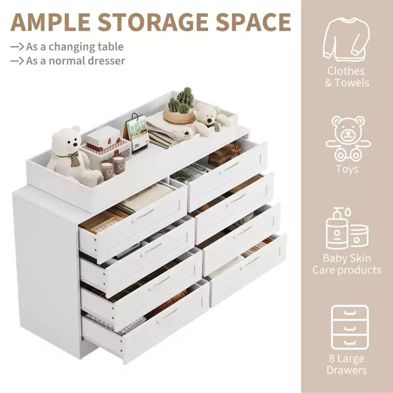 Commode à langer avec 8 tiroirs en bois, commode classique pour chambre de bébé, étagères à langer, station de changement de couches multifonctionnelle, commode pour chambre à coucher