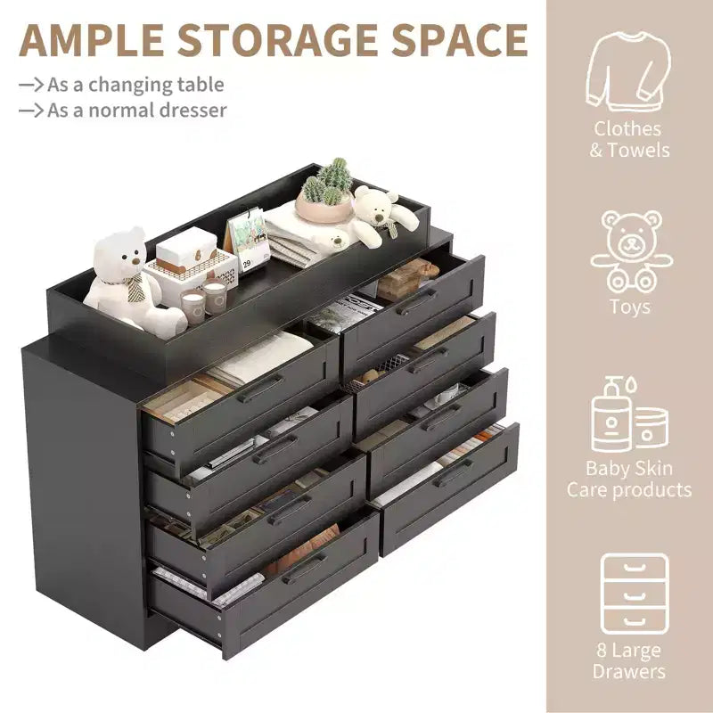 Commode à langer avec 8 tiroirs en bois, commode classique pour chambre de bébé, étagères à langer, station de changement de couches multifonctionnelle, commode pour chambre à coucher