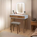 ELECWISH Ensemble Coiffeuse en Bois 80 cm avec Miroir LED et Tabouret - Éclairage 3 Modes, 2 Tiroirs, Assise Rembourrée