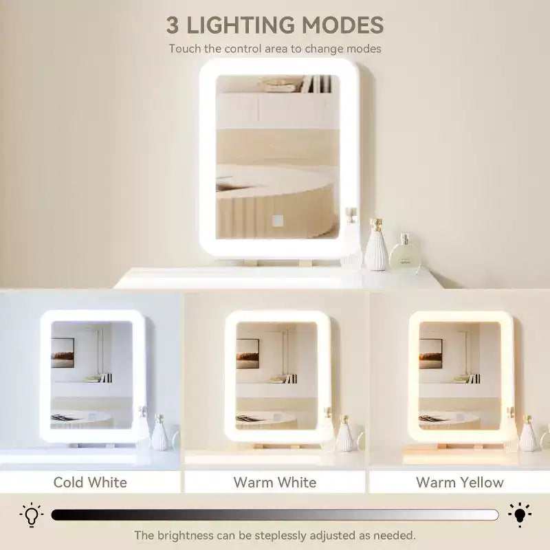 ELECWISH Ensemble Coiffeuse en Bois 80 cm avec Miroir LED et Tabouret - Éclairage 3 Modes, 2 Tiroirs, Assise Rembourrée