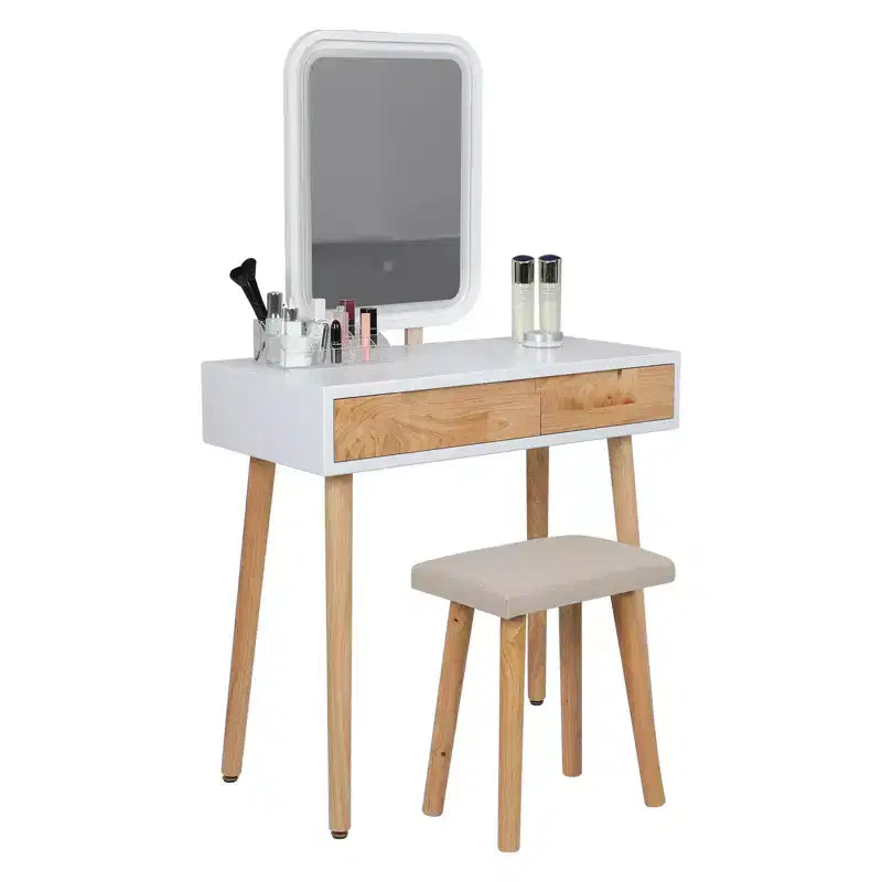 ELECWISH Ensemble Coiffeuse en Bois 80 cm avec Miroir LED et Tabouret - Éclairage 3 Modes, 2 Tiroirs, Assise Rembourrée