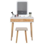 ELECWISH Ensemble Coiffeuse en Bois 80 cm avec Miroir LED et Tabouret - Éclairage 3 Modes, 2 Tiroirs, Assise Rembourrée