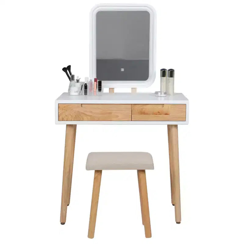 ELECWISH Ensemble Coiffeuse en Bois 80 cm avec Miroir LED et Tabouret - Éclairage 3 Modes, 2 Tiroirs, Assise Rembourrée