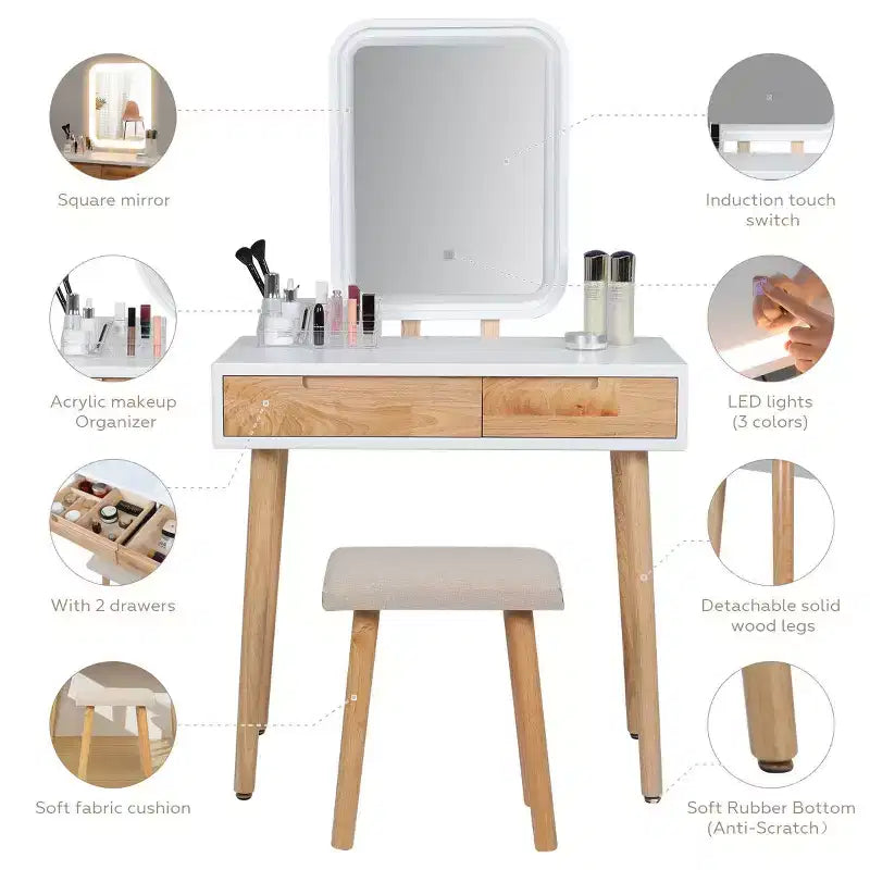 ELECWISH Ensemble Coiffeuse en Bois 80 cm avec Miroir LED et Tabouret - Éclairage 3 Modes, 2 Tiroirs, Assise Rembourrée