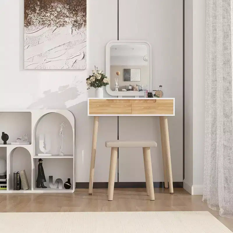 ELECWISH Ensemble Coiffeuse en Bois 80 cm avec Miroir LED et Tabouret - Éclairage 3 Modes, 2 Tiroirs, Assise Rembourrée