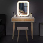 ELECWISH Ensemble Coiffeuse en Bois 80 cm avec Miroir LED et Tabouret - Éclairage 3 Modes, 2 Tiroirs, Assise Rembourrée