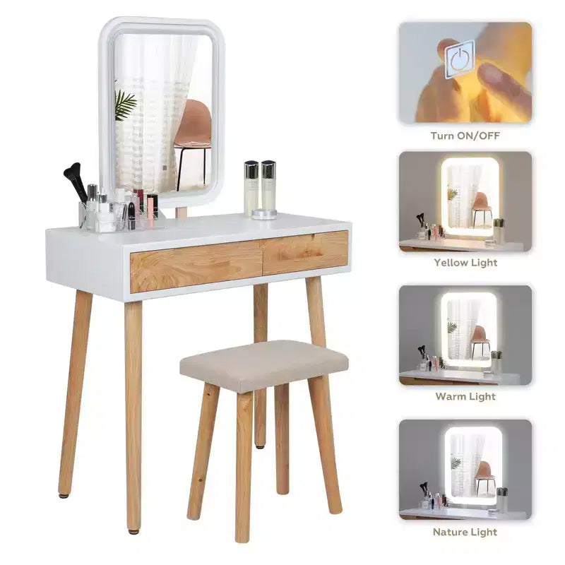 ELECWISH Ensemble Coiffeuse en Bois 80 cm avec Miroir LED et Tabouret - Éclairage 3 Modes, 2 Tiroirs, Assise Rembourrée