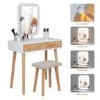 ELECWISH Ensemble Coiffeuse en Bois 80 cm avec Miroir LED et Tabouret - Éclairage 3 Modes, 2 Tiroirs, Assise Rembourrée