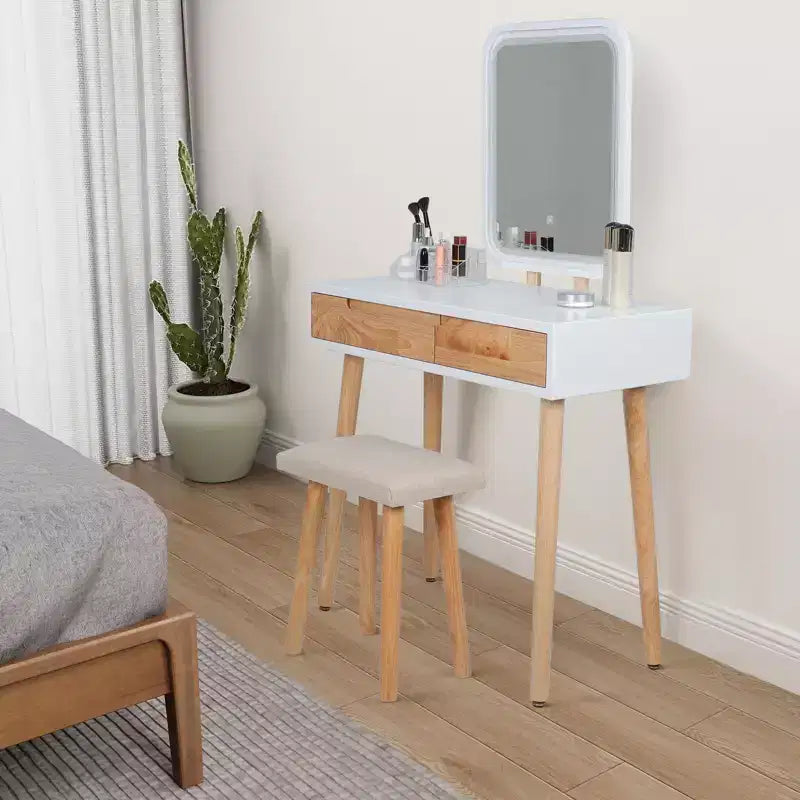 ELECWISH Ensemble Coiffeuse en Bois 80 cm avec Miroir LED et Tabouret - Éclairage 3 Modes, 2 Tiroirs, Assise Rembourrée