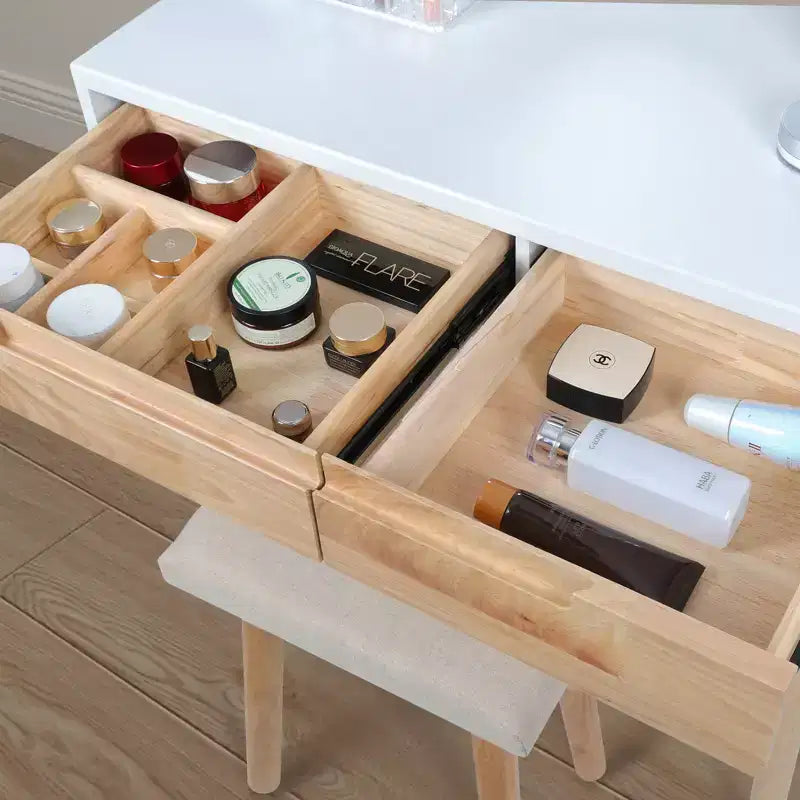 ELECWISH Ensemble Coiffeuse en Bois 80 cm avec Miroir LED et Tabouret - Éclairage 3 Modes, 2 Tiroirs, Assise Rembourrée