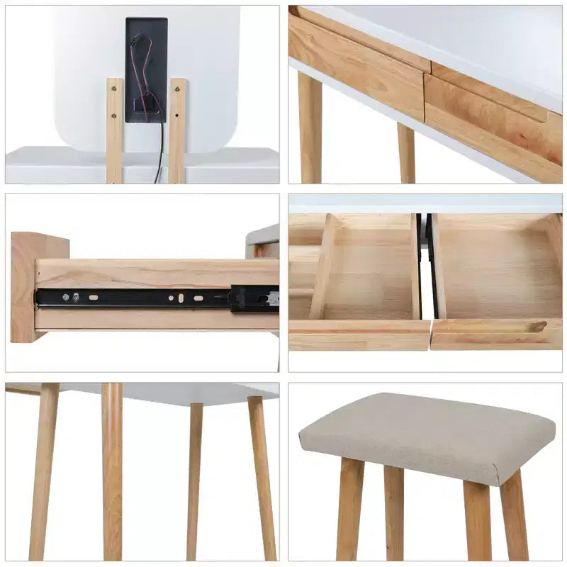 ELECWISH Ensemble Coiffeuse en Bois 80 cm avec Miroir LED et Tabouret - Éclairage 3 Modes, 2 Tiroirs, Assise Rembourrée