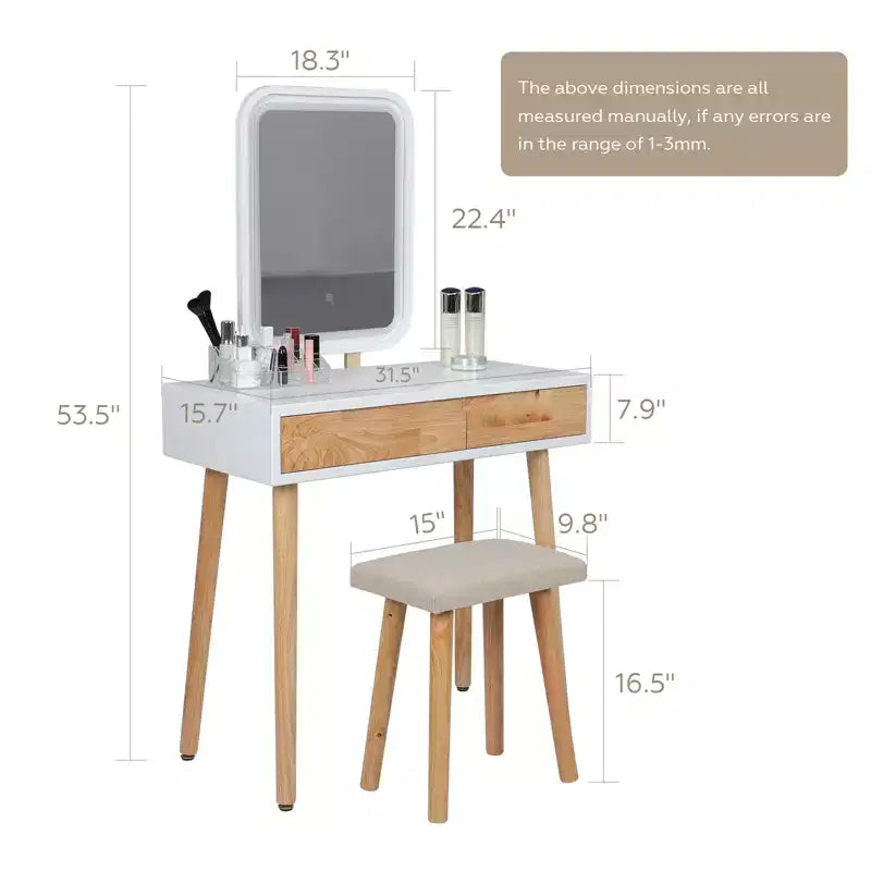 ELECWISH Ensemble Coiffeuse en Bois 80 cm avec Miroir LED et Tabouret - Éclairage 3 Modes, 2 Tiroirs, Assise Rembourrée