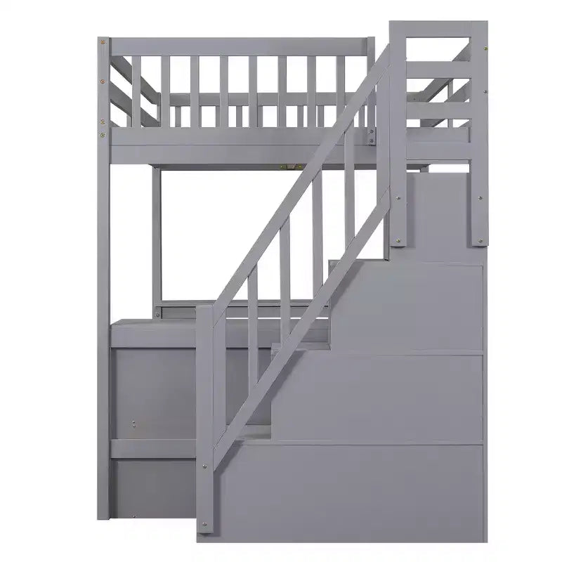 Lit mezzanine pleine grandeur Whisen avec bureau, trois étagères de rangement et escalier de rangement