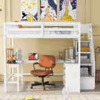 Lit mezzanine pleine grandeur Whisen avec bureau, trois étagères de rangement et escalier de rangement