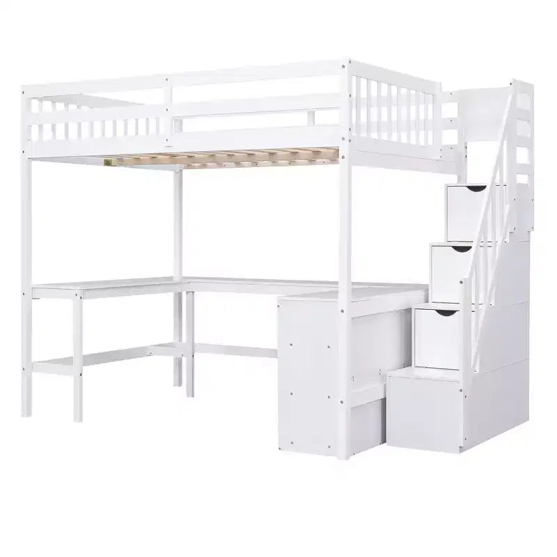Lit mezzanine pleine grandeur Whisen avec bureau, trois étagères de rangement et escalier de rangement