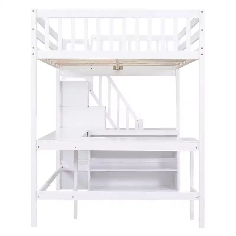 Lit mezzanine pleine grandeur Whisen avec bureau, trois étagères de rangement et escalier de rangement